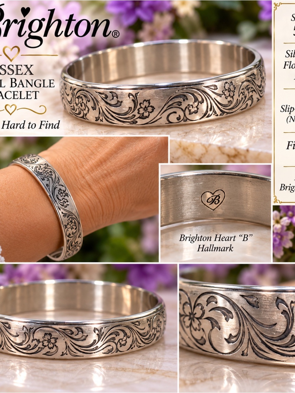 Brighton Essex Retired Floral Scroll Silver Bangle Bracelet HTF
